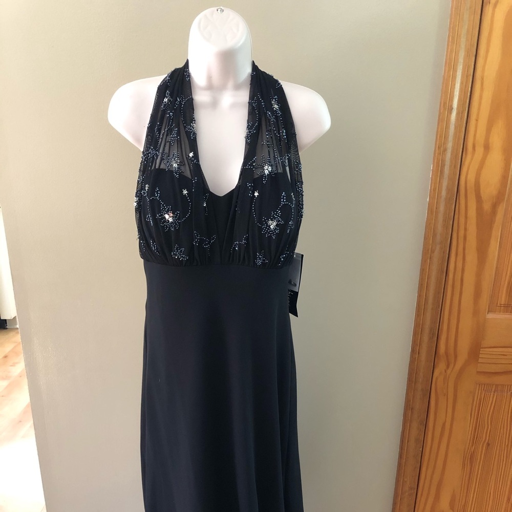 NWT SL Fashions Size 10 Beaded Black Halter Dress